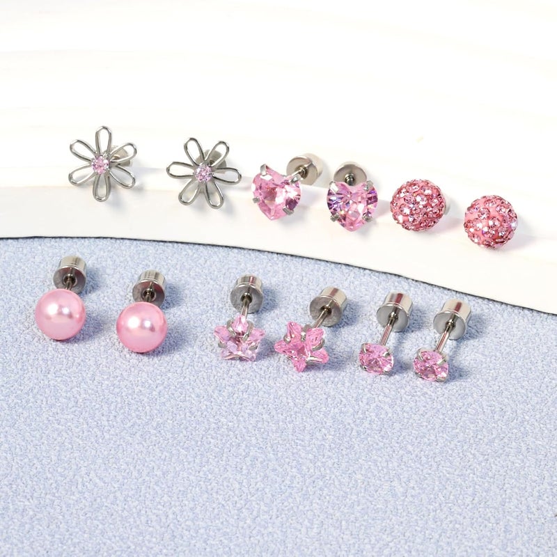DALI 12 Pairs Toddler Earrings,Hypoallergenic Titanium Screw Back Earrings for Girls Women,Surgical Stainless Steel Cute Flower Pearl Star Cubic Zirconia Flat Back Stud Earrings for Sensitive Ears - Image 4
